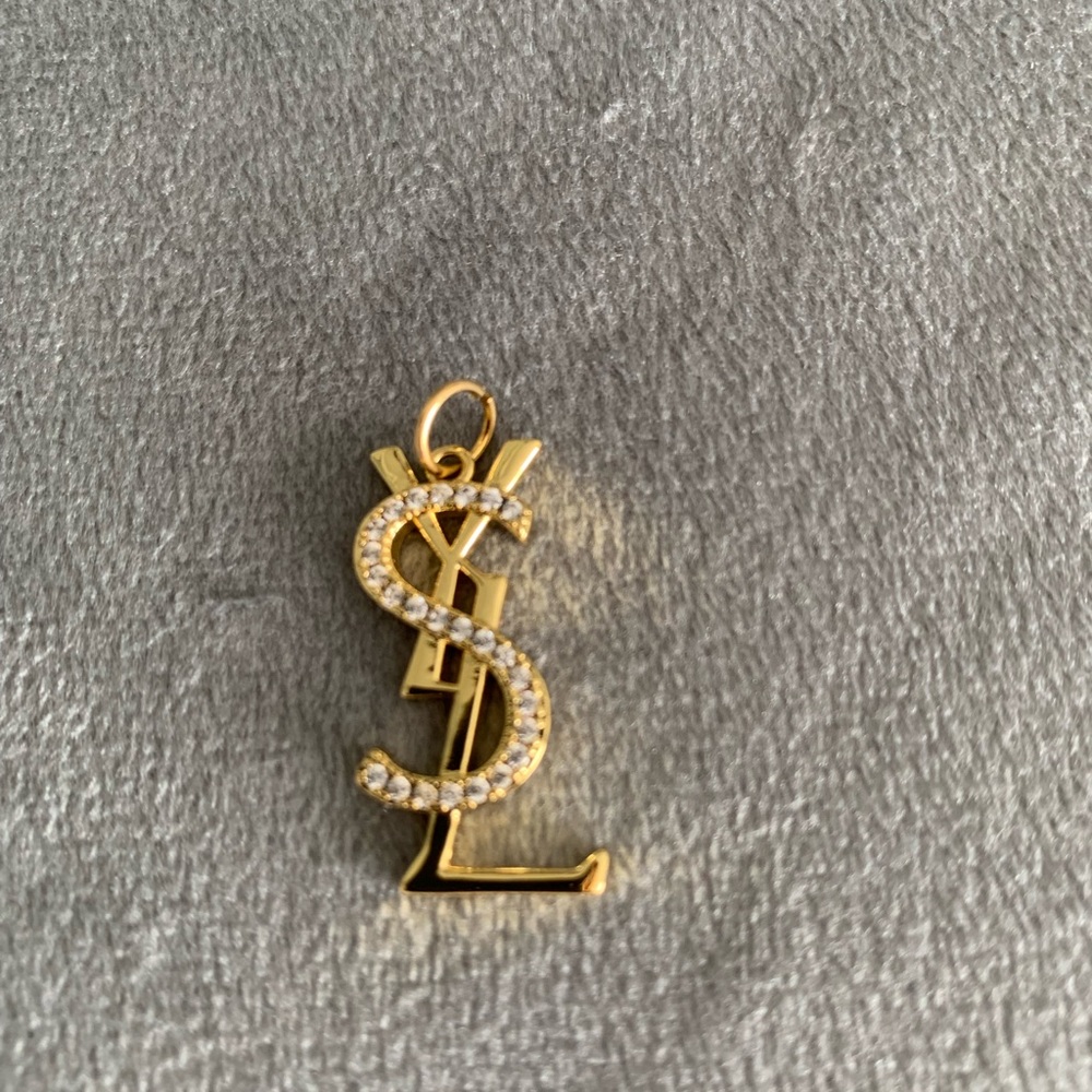 Gold-tone YSL Logo Pendant Necklace Charm with Crystal Accents